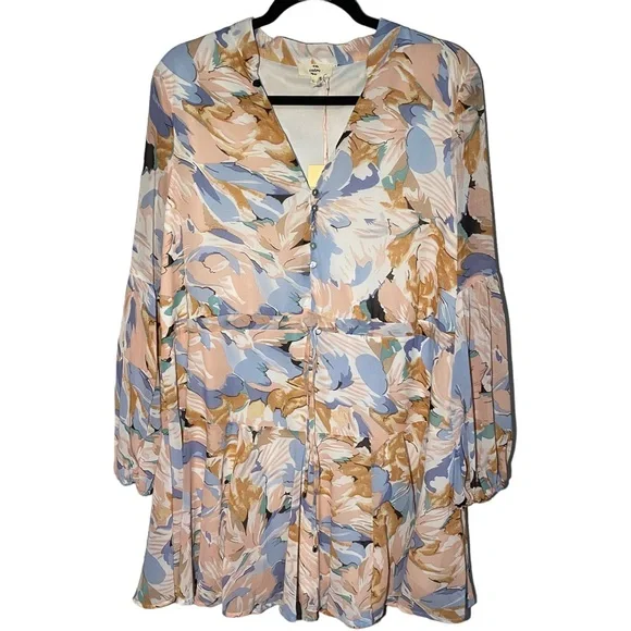 Entro Womens Large Floral Boho Preppy Pastel Long Sleeve Split Neck Tiered Dress - Picture 2 of 14